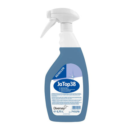 Uma garrafa de spray de plástico com líquido azul, rotulada com "Reinilon Ja-Top 38 Limpeza Industrial", da Diversey Deutschland GmbH & Co. OHG, contém 0,75 l e indica no rótulo uma composição ecológica.