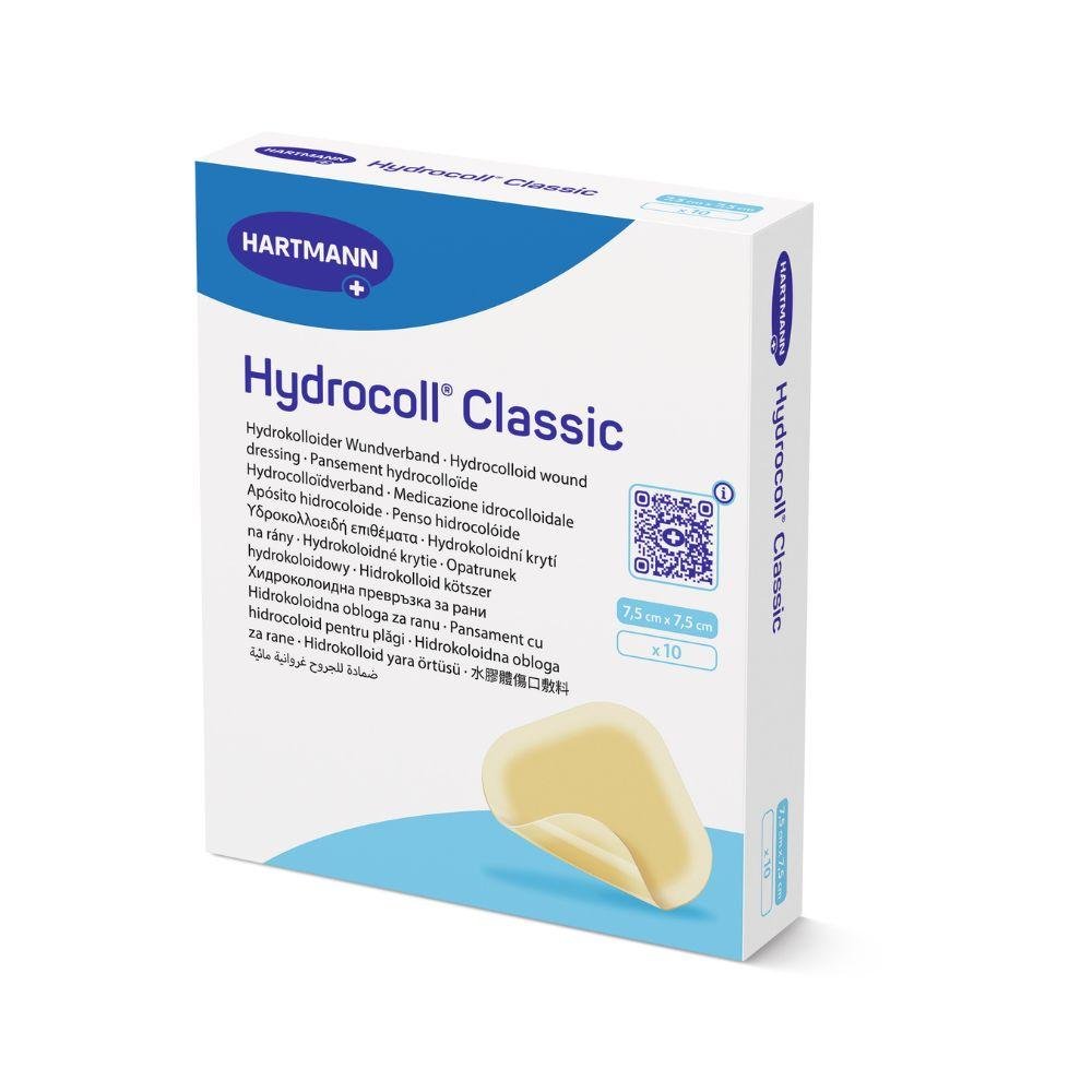 Uma caixa branca de Hartmann Hydrocoll Classic Curativo estéril da Paul Hartmann AG, 7,5 x 7,5 cm, pacote de 10, com texto multilíngue e a imagem de um curativo amarelado para tratamento de feridas úmidas na frente.