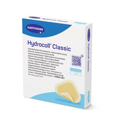 Uma caixa branca de Hartmann Hydrocoll Classic Curativo estéril da Paul Hartmann AG, 7,5 x 7,5 cm, pacote de 10, com texto multilíngue e a imagem de um curativo amarelado para tratamento de feridas úmidas na frente.