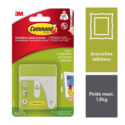 Uma embalagem de 3M Deutschland GmbH Pequenas tiras de montagem de imagens Command™ brancas S 17202FGN contém 12 tiras para pendurar imagens (máx. 1,8 kg), com instruções em francês, imagens do produto e dados técnicos no lado direito da embalagem.