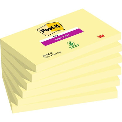Um conjunto de seis Post-it® Super Sticky Notes (76 mm x 127 mm, 90 folhas/pacote, 100% PEFC) da 3M Deutschland GmbH é mostrado em uma embalagem de marca, onde os símbolos "Super Sticky" e certificação ambiental são visíveis.