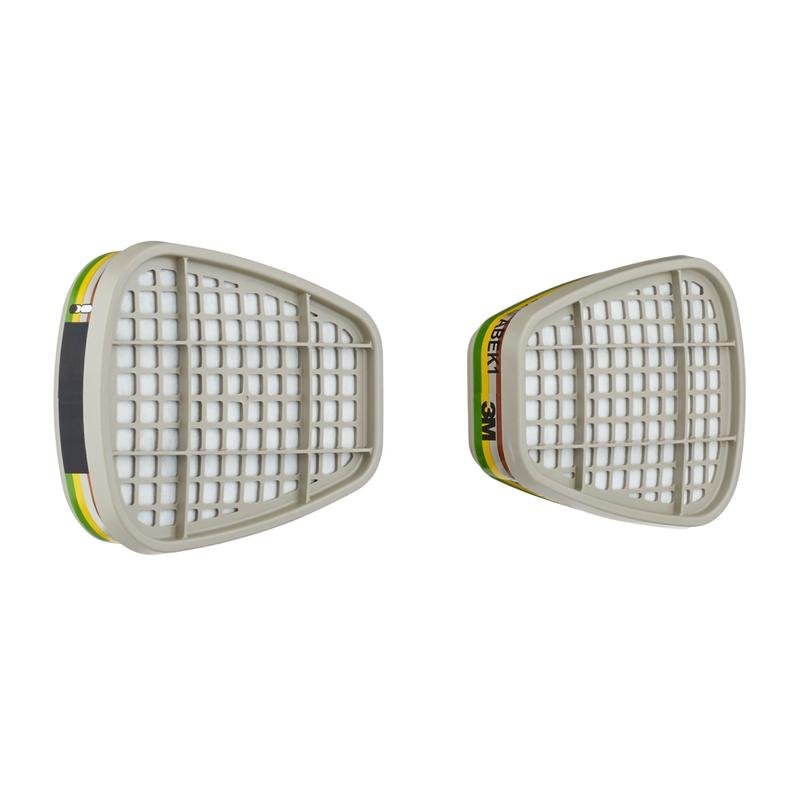 Dois cartuchos de filtro retangulares 3M™ 6059 ABEK1 (1 par, 3M Deutschland GmbH) com grades cinzas e etiquetas coloridas são apresentados de frente e de lado sobre um fundo branco.