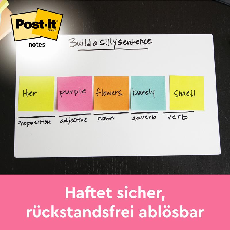 Um quadro branco mostra cinco blocos de notas coloridos Post-it® da 3M Deutschland GmbH (76 x 76 mm, 450 folhas, 100% PEFC) com anotações acima de balões de fala; abaixo está escrito: "Adere com segurança, removível sem resíduos."
