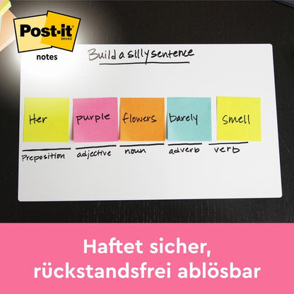 Um quadro branco mostra cinco blocos de notas coloridos Post-it® da 3M Deutschland GmbH (76 x 76 mm, 450 folhas, 100% PEFC) com anotações acima de balões de fala; abaixo está escrito: "Adere com segurança, removível sem resíduos."
