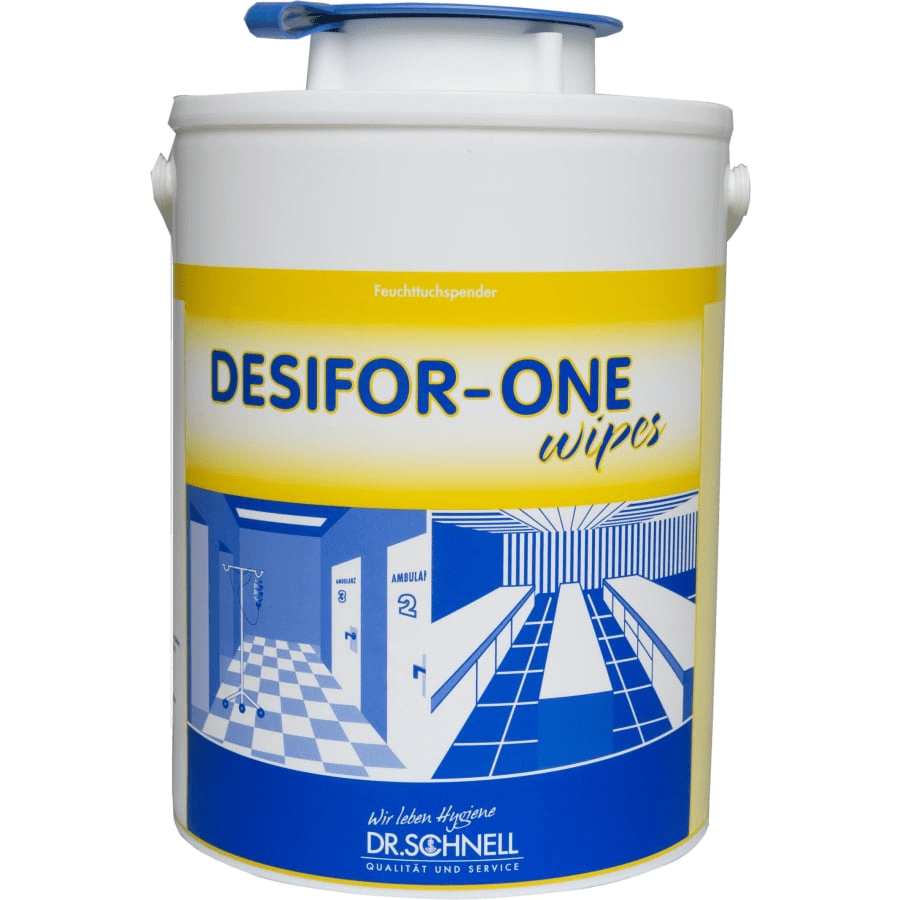 Um recipiente com Dr. Schnell DESIFOR-ONE WIPES Balde com tampa (1 peça) da DR.SCHNELL GmbH & Co. KGaA, adequado para toalhetes de tecido não tecido e ideal para desinfecção rápida em instituições médicas.