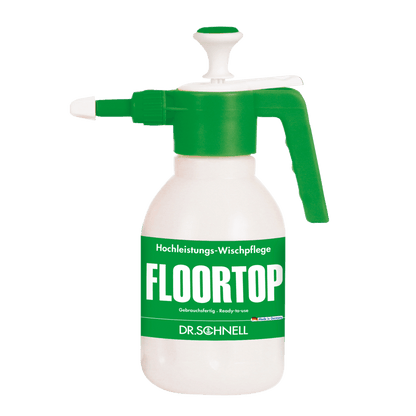 Eine weiße Kunststoff-Sprühflasche Dr. Schnell Drucksprüher 1,5 Liter von DR.SCHNELL GmbH & Co. KGaA, mit grüner Pumpe und Düse, mit der Aufschrift "FLOORTOP" in großen Buchstaben und "DR. SCHNELL" in deutscher Schrift am Boden.