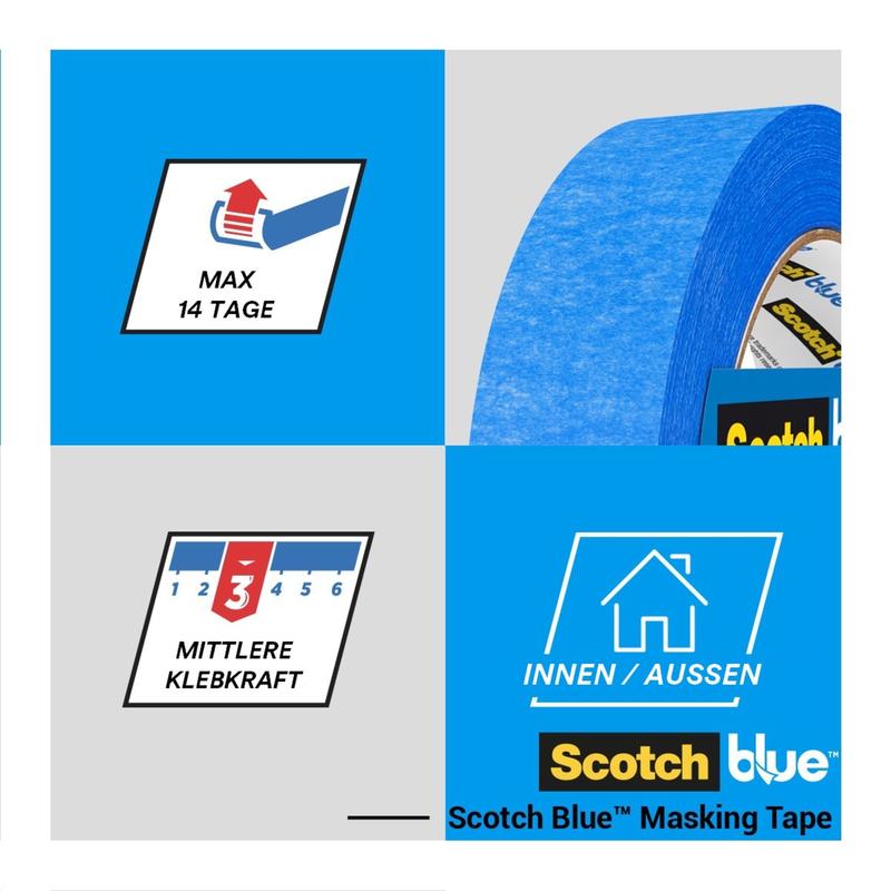 Mostrado está um rolo de fita de mascaramento ScotchBlue™ "Multi-Surface" da 3M Deutschland GmbH com símbolos para até 14 dias de uso, aderência média e adequação para aplicações internas e externas.