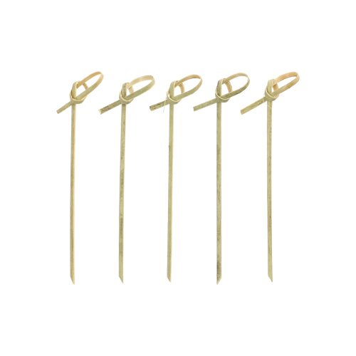 Cinco PAPSTAR 40 espetos para fingerfood "pure" da PAPSTAR GmbH, com laços atados na parte superior, estão dispostos verticalmente em uma linha sobre uma superfície branca.