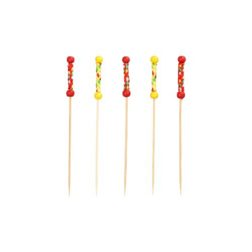 Cinco PAPSTAR 250 palitos de finger food da PAPSTAR GmbH de madeira, biodegradáveis, com pérolas coloridas e decorações em vermelho, amarelo e acentos multicoloridos, dispostos verticalmente sobre um fundo branco.