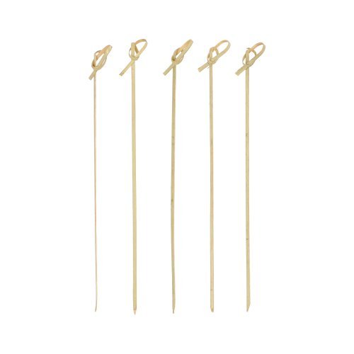 Cinco PAPSTAR 250 palitos para finger food - Picker "pure" de coquetel de bambu da PAPSTAR GmbH, cada um com um laço amarrado na ponta, estão em pé diante de um fundo branco simples.