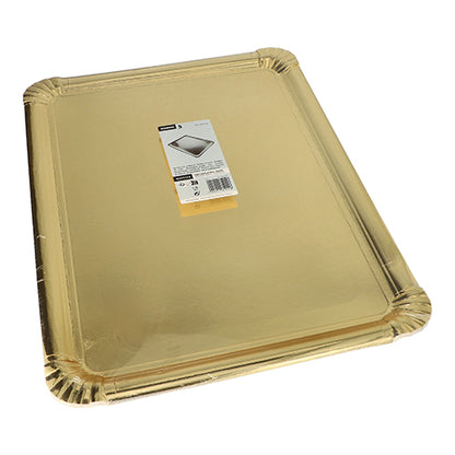 Os pratos de servir Starpak 5 (34 x 45,5 cm) de cartão dourado com revestimento PET têm bordas elevadas e cantos arredondados. Bandejas descartáveis com etiqueta de código de barras e rótulo do produto sobre fundo branco. Embalagem com 5 unidades.