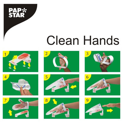 Um guia visual com o PAPSTAR Clean Hands Base Kit, aço inoxidável (11,5x12,7x22 cm), da PAPSTAR GmbH mostra em nove quadros numerados com etapas de inserção e fixação das mãos em fundo verde, como colocar uma luva de plástico para higiene.