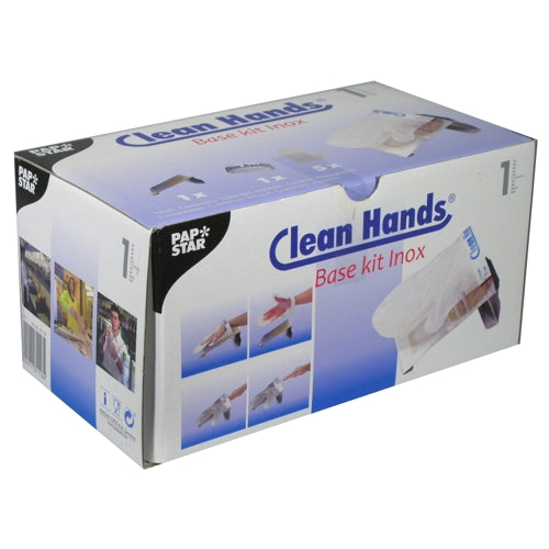 Das PAPSTAR Clean Hands Base Kit, Edelstahl (11,5x12,7x22 cm, silber) der PAPSTAR GmbH kommt in einer weißen Faltschachtel mit blauen und violetten Akzenten und zeigt Abbildungen von Handschutz für die hygienische Anwendung.