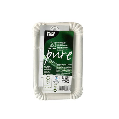 Uma pilha de pratos redondos brancos PAPSTAR de papelão ("pure") na embalagem contém 25 pratos descartáveis ecológicos (papelão, marca PAPSTAR GmbH) com símbolos de reciclagem e inscrição verde na frente.