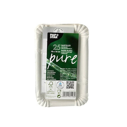 Uma pilha de pratos redondos brancos PAPSTAR de papelão ("pure") na embalagem contém 25 pratos descartáveis ecológicos (papelão, marca PAPSTAR GmbH) com símbolos de reciclagem e inscrição verde na frente.