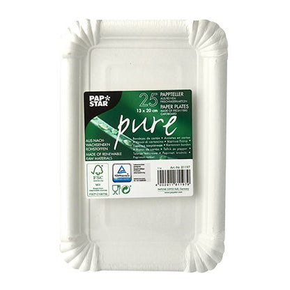 Uma embalagem com 25 pratos descartáveis redondos brancos PAPSTAR "pure" de cartão sustentável da PAPSTAR GmbH, ecológicos e feitos de matérias-primas renováveis, cada um embalado individualmente em plástico com um rótulo verde "Pap Star Pure".