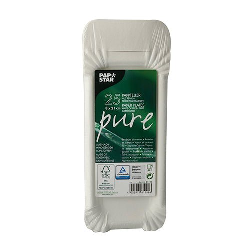 Um pacote de 25 pratos descartáveis redondos e brancos feitos de papelão sustentável da PAPSTAR GmbH, série "Pure", em embalagem predominantemente branca com etiqueta verde com detalhes do produto em várias línguas.