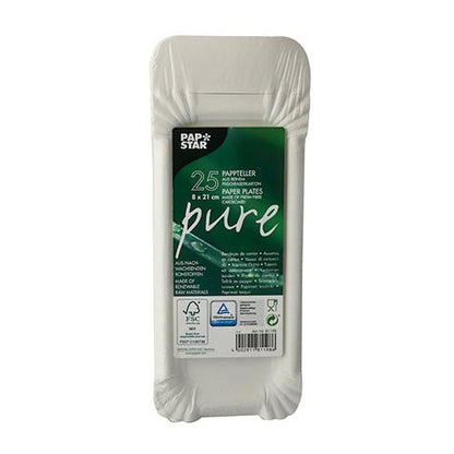 Um pacote de 25 pratos descartáveis redondos e brancos feitos de papelão sustentável da PAPSTAR GmbH, série "Pure", em embalagem predominantemente branca com etiqueta verde com detalhes do produto em várias línguas.