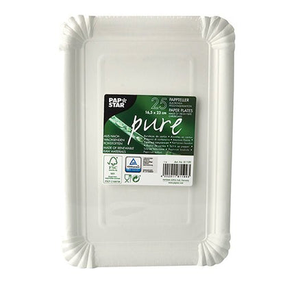 Uma pilha de 25 pratos descartáveis redondos brancos PAPSTAR de papelão, linha de produtos "pure", ecológicos e recicláveis, em embalagem com rótulo verde-preto da PAPSTAR GmbH.
