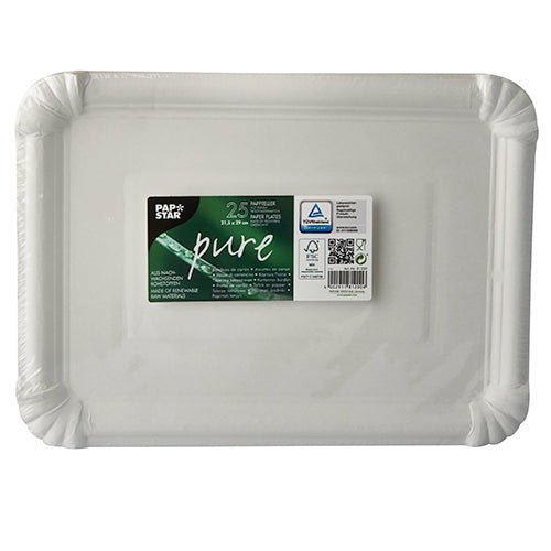 Os PAPSTAR 25 pratos de papelão "pure" redondos e brancos da PAPSTAR GmbH são pratos descartáveis redondos e brancos ecológicos com etiqueta verde e branca com "Papstar" e 25 peças, perfeitos para festas ou eventos ecológicos.