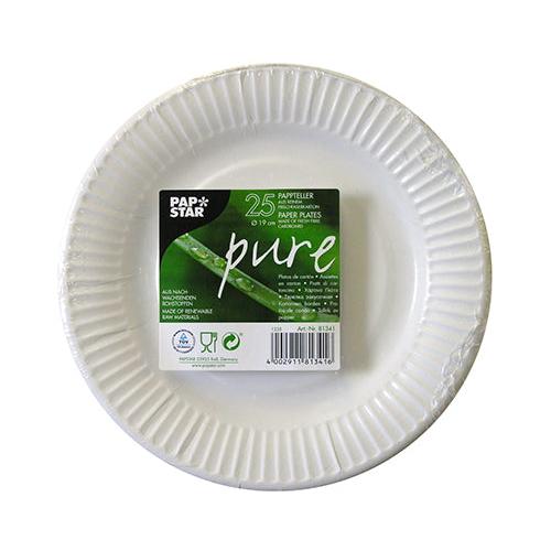 Na embalagem está representado um pacote de 25 pratos descartáveis redondos e brancos "pure" da PAPSTAR GmbH, com detalhes da marca e do produto em várias línguas na etiqueta central.