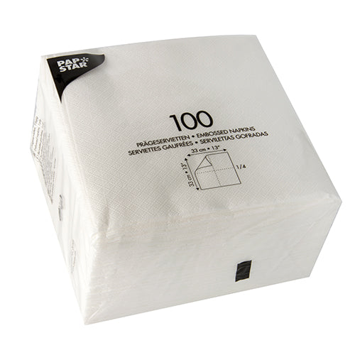 Um pacote selado e transparente contém 1200 guardanapos brancos PAPSTAR 1-camada (33x33 cm), ideal para festas, de PAPSTAR GmbH. Informações do produto e dimensões estão impressas na embalagem.