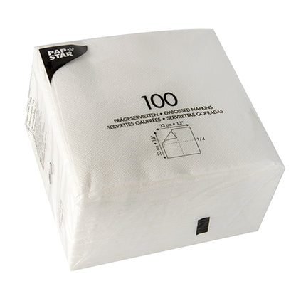 Um pacote selado e transparente contém 1200 guardanapos brancos PAPSTAR 1-camada (33x33 cm), ideal para festas, de PAPSTAR GmbH. Informações do produto e dimensões estão impressas na embalagem.