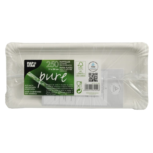 Uma pilha de 250 pratos retangulares brancos PAPSTAR "pure" (11 x 24 cm) da PAPSTAR GmbH, feitos de cartão de fibra virgem e embalados em plástico com uma etiqueta verde e preta.