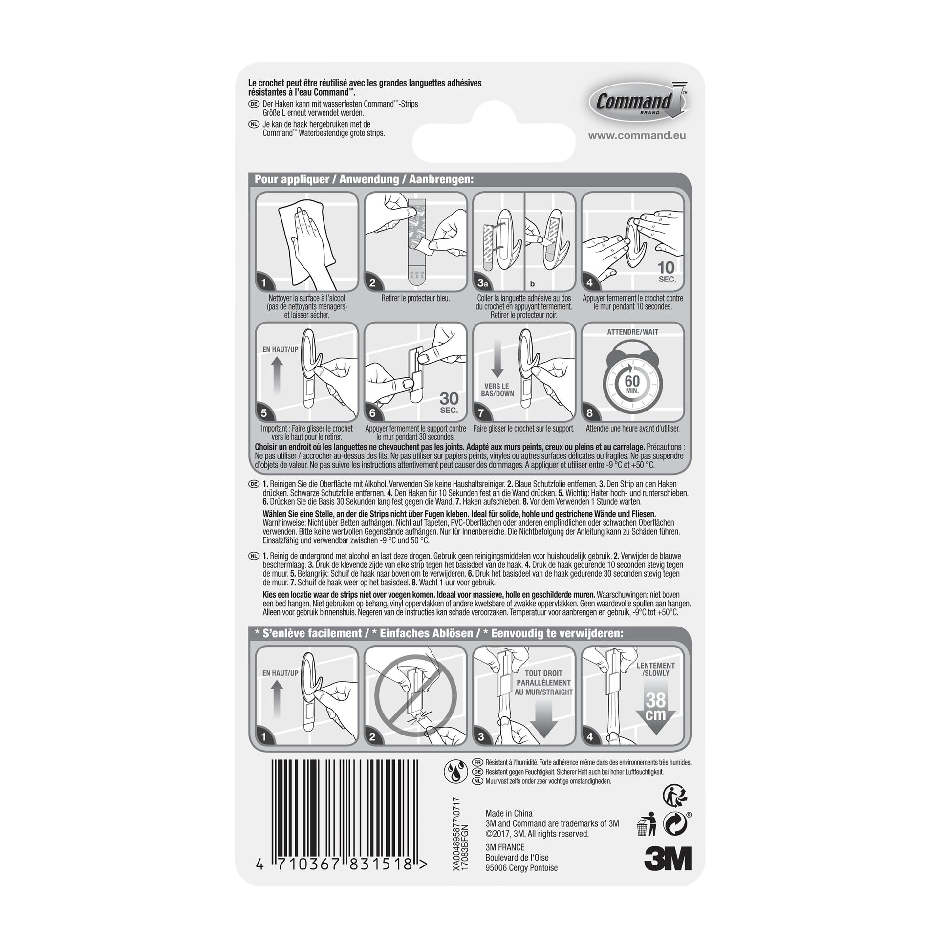 Rückseite einer Command™ Bad Large Design-Haken, 17083B (1 Stück) Packung von 3M Deutschland GmbH, mit bebilderter Montageanleitung, Anwendungstipps und Produktinformationen in mehreren Sprachen. Das 3M Logo erscheint unten rechts.