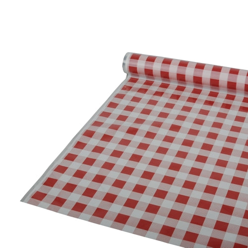 Um rolo de toalha de mesa Starpak, 50 m x 80 cm em padrão xadrez vermelho, é parcialmente desenrolado sobre uma superfície plana. O material é folha de plástico.
