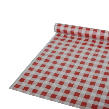 Um rolo de toalha de mesa Starpak, 50 m x 80 cm em padrão xadrez vermelho, é parcialmente desenrolado sobre uma superfície plana. O material é folha de plástico.