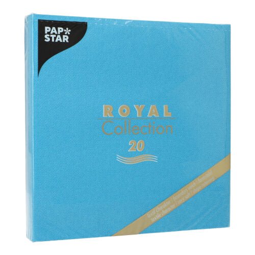 Uma embalagem quadrada azul da PAPSTAR GmbH com a inscrição "20 guardanapos ROYAL Collection 1/4-dobra 40x40 cm" contém 20 guardanapos, ideal para decoração de mesa, selada em plástico transparente.