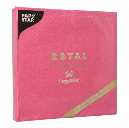 Uma embalagem de PAPSTAR 20 guardanapos "ROYAL Collection" 1/4-dobra (40x40 cm) da PAPSTAR GmbH em rosa com letras douradas e brancas - ideal para decorações de mesa chiques.