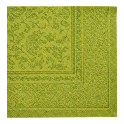 Die PAPSTAR GmbH 50 Servietten "ROYAL Collection" 1/4-Falz 40 x 40 cm in grün zeigen ein elegantes Paisley- und Blumen-Webmuster mit einer dekorativen Bordüre - perfekte grüne Servietten für jeden Anlass.