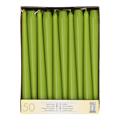 A caixa Starpak contém 50 velas verdes de 25 cm de comprimento e 2,2 cm de diâmetro, dispostas verticalmente e de cor e tamanho uniformes. A embalagem tem uma etiqueta de produto no fundo. Marca: Starpak.