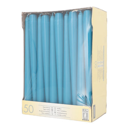 Uma caixa Starpak com 50 velas (Ø 2,2 cm, 25 cm), dispostas verticalmente e visíveis através de uma janela frontal transparente.