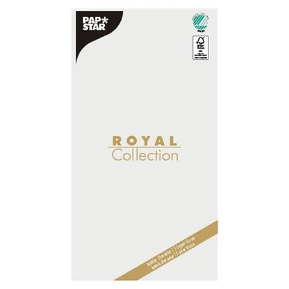 Uma toalha de mesa de tecido "ROYAL Collection" (120 x 180 cm) da PAPSTAR GmbH com fundo branco, texto dourado e dois logotipos de certificação no canto superior direito - ideal para dar elegância à sua decoração de mesa.