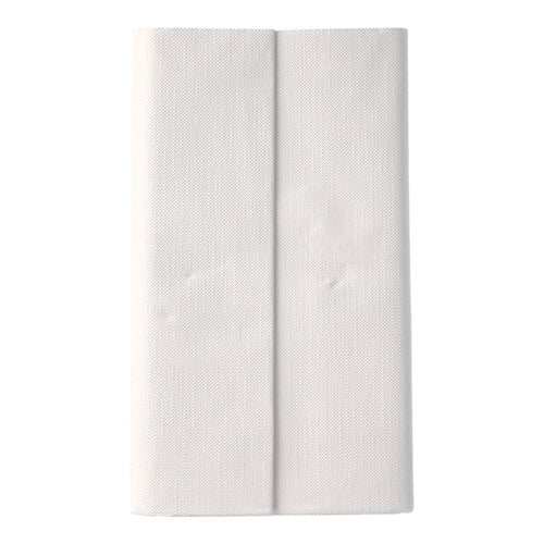 Uma toalha de mesa branca PAPSTAR da ROYAL Collection (120 x 180 cm) da PAPSTAR GmbH é dobrada verticalmente em duas partes e colocada sobre um fundo branco simples, destacando seu design de alta qualidade.