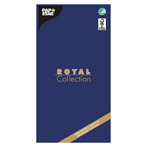 A toalha de mesa "ROYAL Collection" 120 cm x 180 cm da PAPSTAR GmbH, Tissue, é apresentada em uma embalagem azul escura com branding dourado e branco, além de um logotipo de certificação verde - oferecendo assim uma decoração de mesa elegante e de alta qualidade para qualquer ocasião.