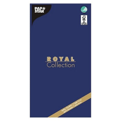 A toalha de mesa "ROYAL Collection" 120 cm x 180 cm da PAPSTAR GmbH, Tissue, é apresentada em uma embalagem azul escura com branding dourado e branco, além de um logotipo de certificação verde - oferecendo assim uma decoração de mesa elegante e de alta qualidade para qualquer ocasião.
