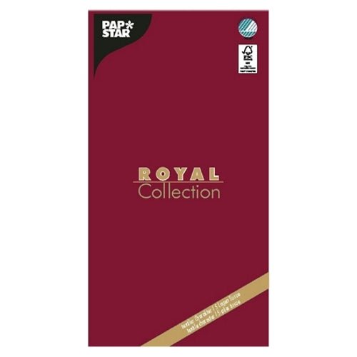 Um pacote retangular castanho com a inscrição "PAPSTAR Toalha de mesa, Tissue ROYAL Collection 120 cm x 180 cm" da PAPSTAR GmbH apresenta texto dourado e branco, uma etiqueta redonda azul e um logotipo de certificação preto e branco - ideal para qualquer decoração de mesa.