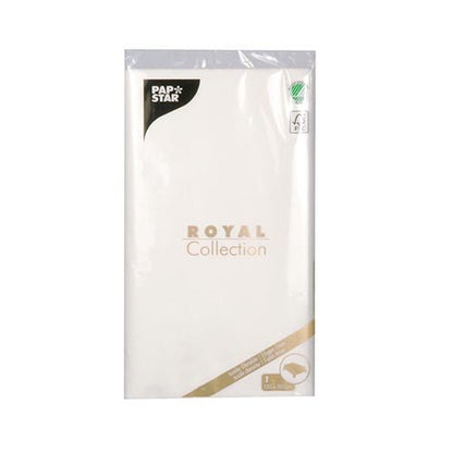 Uma toalha de mesa selada da PAPSTAR GmbH, Tissue "ROYAL Collection" (120 cm x 180 cm), ostenta o nome e as informações do produto da ROYAL Collection em preto e dourado - perfeita para combinar com guardanapos de qualidade correspondentes.