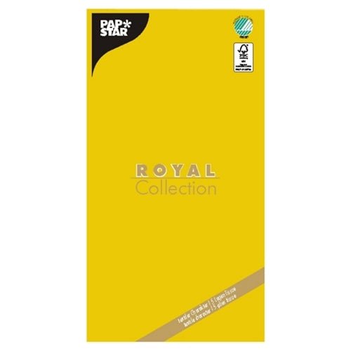Uma embalagem retangular amarela da PAPSTAR GmbH com a inscrição "ROYAL Collection" contém logotipos de certificação e detalhes do produto - ideal para apresentar a toalha de mesa de alta qualidade, tecido "ROYAL Collection" 120 cm x 180 cm.
