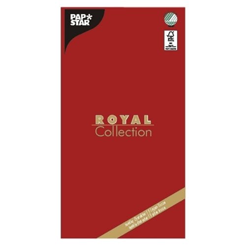 Um pacote retangular vermelho com a inscrição "PAPSTAR GmbH" e "ROYAL Collection" contém uma toalha de mesa de alta qualidade, 120 x 180 cm, com texto na parte inferior e um selo de aprovação no canto superior direito.