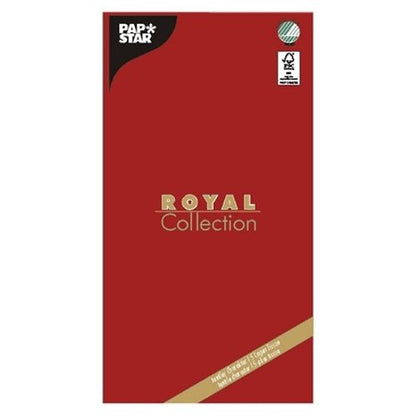 Um pacote retangular vermelho com a inscrição "PAPSTAR GmbH" e "ROYAL Collection" contém uma toalha de mesa de alta qualidade, 120 x 180 cm, com texto na parte inferior e um selo de aprovação no canto superior direito.