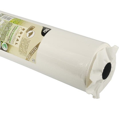 Uma visão aproximada de um rolo branco texturizado de toalha de mesa PAPSTAR, papel "ROYAL Collection" da PAPSTAR GmbH, com uma etiqueta de produto parcialmente visível enrolada em uma extremidade.