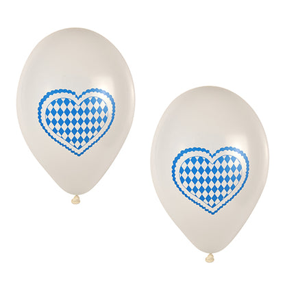 Dois PAPSTAR balões "Bayrisch Blau" (Ø 25 cm) da PAPSTAR GmbH com clássico coração em losangos azul e branco estão lado a lado - uma decoração ideal para a Oktoberfest do pacote de festa de 20 peças.