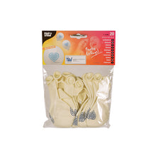 Embalagem transparente com 20 PAPSTAR balões "Bayrisch Blau" (25 cm, látex branco com padrão de coração azul) da PAPSTAR GmbH; rótulo superior vermelho e branco. Ideal para decoração de Oktoberfest e outras festas.