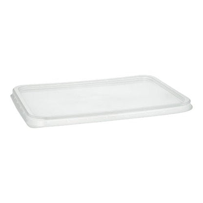 Uma tampa Starpak 50 para copos de embalagem, PP transparente, 0,7 x 18,6 x 13,3 cm (50 peças), é mostrada sobre um fundo branco. Possui uma borda elevada e fica plana para cobrir e fechar o recipiente correspondente.