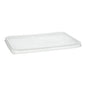 Uma tampa Starpak 50 para copos de embalagem, PP transparente, 0,7 x 18,6 x 13,3 cm (50 peças), é mostrada sobre um fundo branco. Possui uma borda elevada e fica plana para cobrir e fechar o recipiente correspondente.